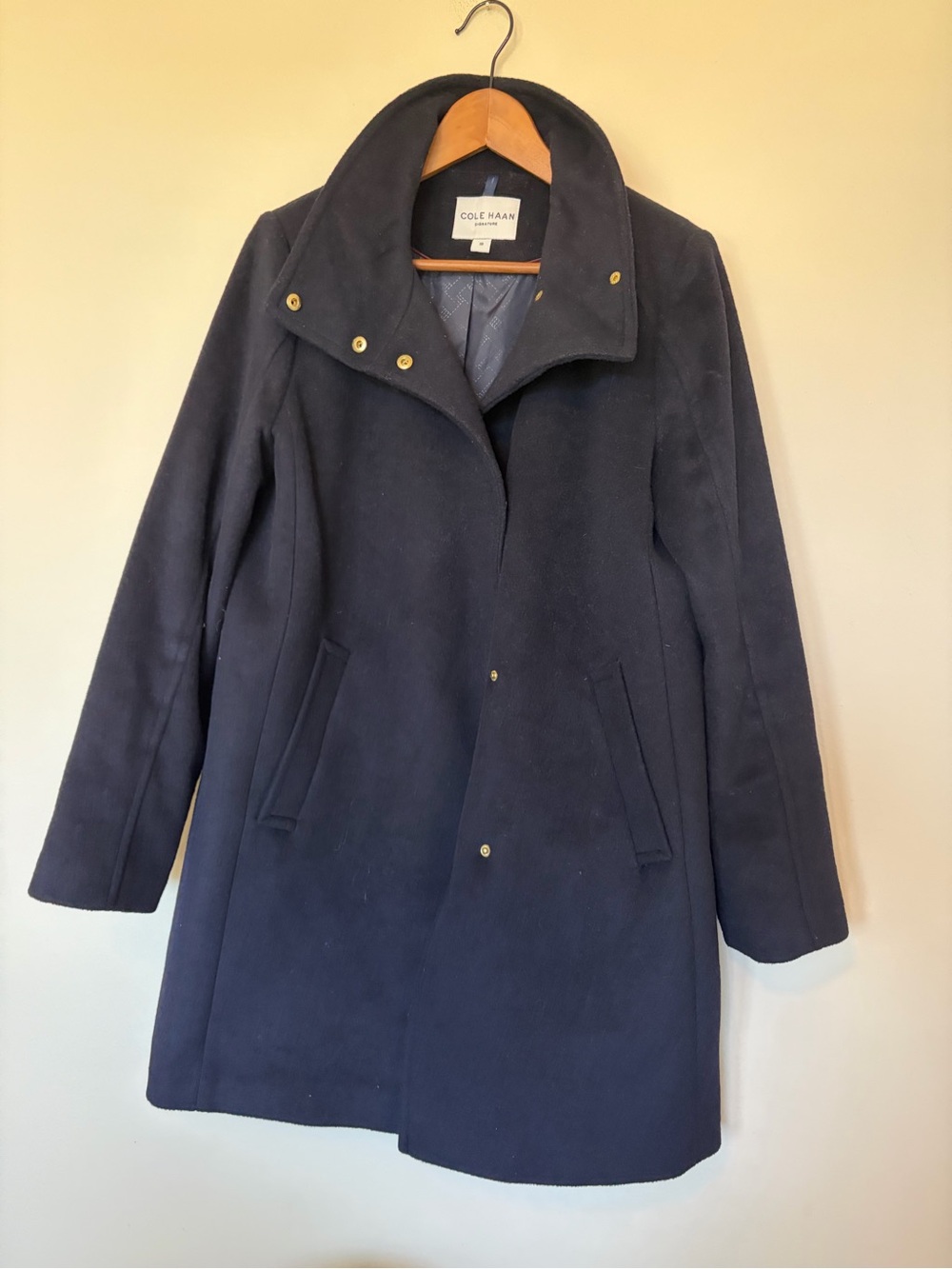 NWOT Cole Haan signature Navy Wool-Blend car Coat with Snap Collar